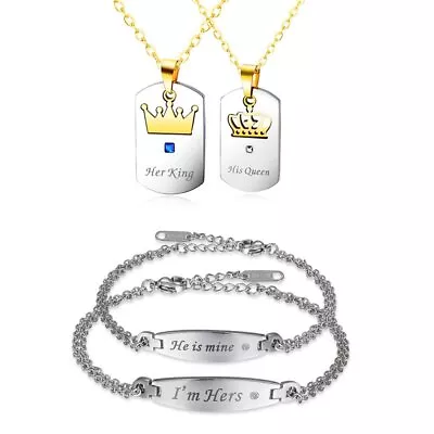 King Queen Matching Couple Necklace 'I Am Hers & He Is Mine' Chain Bracelets Set • $15.99