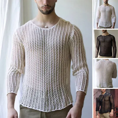 Mens Mesh Fishnet T Shirt Long Sleeve Round Neck Clubwear Party Blouse Tops Tee • £14.24