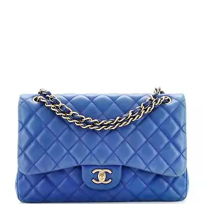 Chanel Classic Double Flap Bag Quilted Lambskin Jumbo Blue • $4171.10