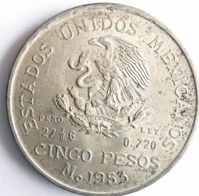 1953 MEXICO 5 PESOS - HIDALGO - Rare Type Silver Crown Coin - Lot #A17 • $15.50