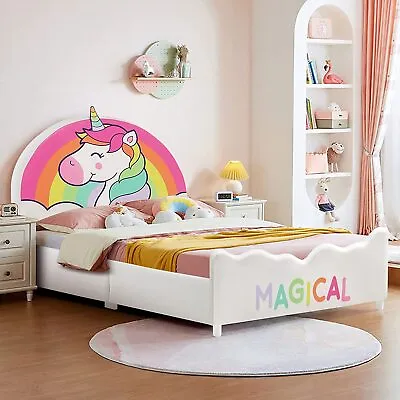 $203.90 • Buy Kids Upholstered Platform Bed Children Single Size Wooden Bed Unicorn Pattern