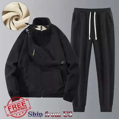 3 Pcs Set Men's Tracksuit Suit Polar Fleece Hoodie Outfit Sling Bag Jacket Pant • $41.99