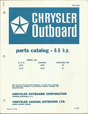 Chrysler Outboard Boat 6.6 Hp Model 6018 6118 6028 6128 Parts Catalog Ob 1018 • $29.99