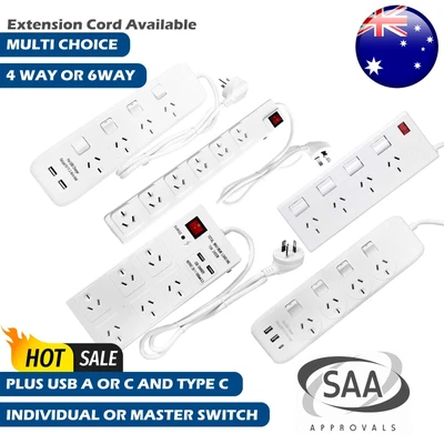 $42.99 • Buy 4 Or 6 WayUSB Power Board Overload Protector Powerboard With Individual Switches