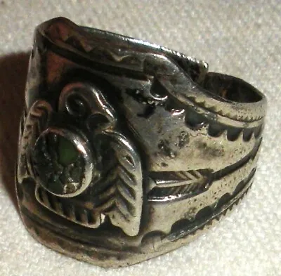 ANTIQUE NAVAJO THUNDERBIRD GREEN TURQUOISE STERLING SILVER RING SIZE 6 3/4 Vafo • $99.99
