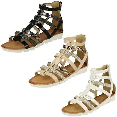 Ladies Savannah Low Wedge Diamante Trim Gladiator Sandals 'F1R0495' • £9.99