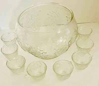 Vintage Punch Bowl 8  Tall With 8 Cups 2  Tall - Indiana  Glass - Celebration • $29.97