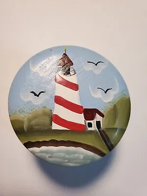 Wooden Lighthouse Trinket Box Handpainted Whale Seagulls Round Shape Multicolor  • $14.99