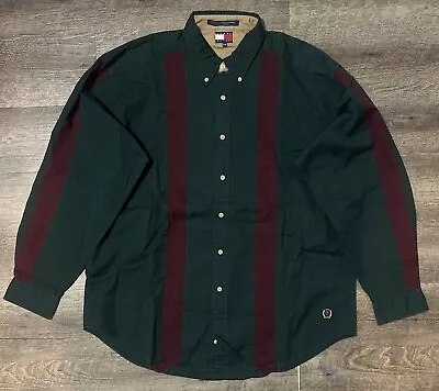 Vintage Tommy Hilfiger Shirt Mens Sz XL 90s Crest Logo Green W/ Red Stripes • $28