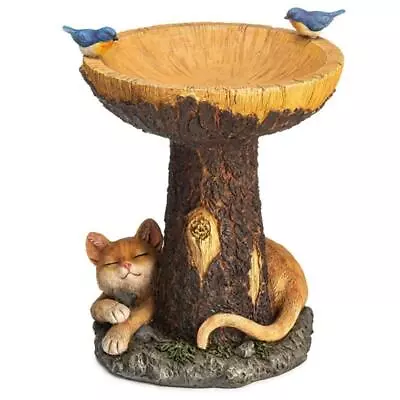 Tree Stump Cat Statue Bird Feeder Resin Ornament Outdoor Garden Statue Decorate • $36.39