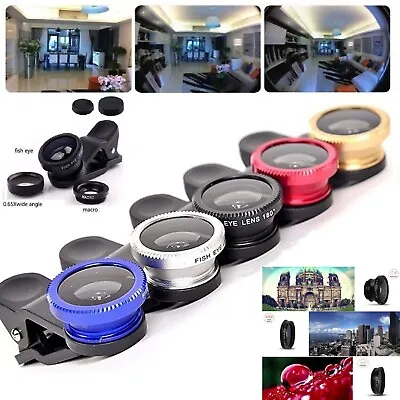 3 In 1 Mobile Camera Lens Fish Eye Wide Angle Macro Clip Set Kit IPhone Samsung • £3.25