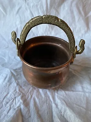 Vintage Small Copper Planter Brass Handle Jardiniere Copper Cauldron Pot Patina • $14.99
