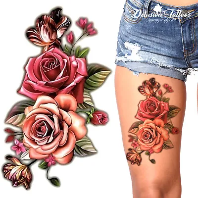 £3.19 • Buy Temporary Tattoo - Pink Roses, 3d, Flowers, Waterproof, Body Art, Womens, Kids