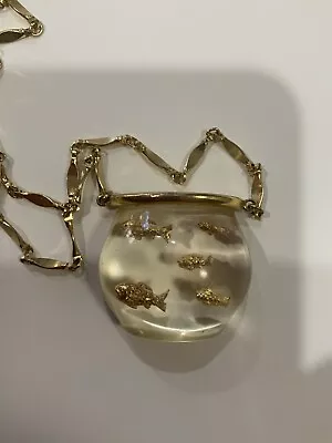 Vintage Lucite Goldfish In Bowl~ 5 Gold Fish Gold Chain Necklace • $95
