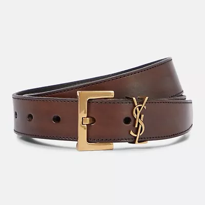 SAINT LAURENT Cassandre YSL Monogram Leather Belt In Burnt Brown Size 70 • £474.13