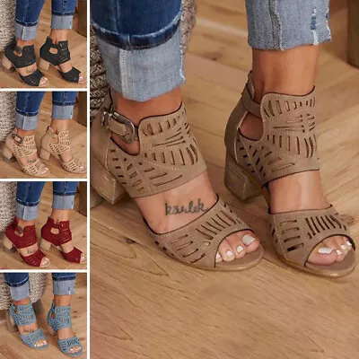 Womens Ladies Summer Low Block Heel Gladiator Sandals Ankle Strap Open Toe Shoes • £21.49