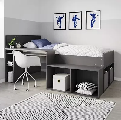 Dark Grey Unisex Cabin Bed Mid Sleeper With Shelves And Built In Desk • £349.95