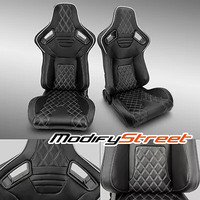 2 X BLACK PVC LEATHER/WHITE STITCH LEFT/RIGHT RACING BUCKET SEATS PAIR • $310.98