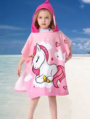 Kids Hooded Towel Poncho Beach Swimming Bath Girls Unicorn Cover Up Disney • £14.99