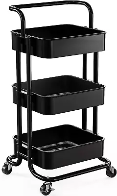 3 Tier Mesh Utility Cart Rolling Metal Organization Cart With Handle And Lockab • $46.74