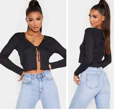 £2.70 • Buy 💜 Tie Rib Front Top In Black Prettylittlething. Bnwt Size 14💜 Rrp £15.