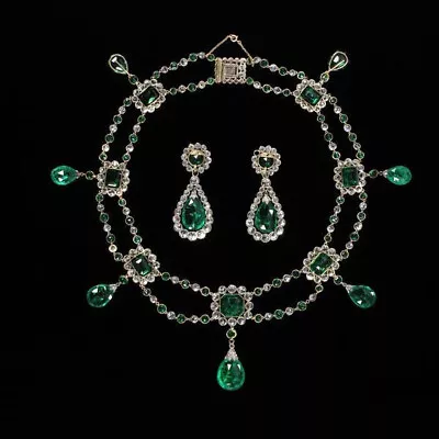 Vintage Style Syn Emerald Necklace Set 925 SS Red Carpet Jewelry For Women • $2457.55