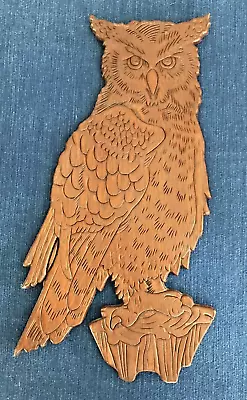 Vintage 1970's Carved Flat Wooden Owl Wall Art Plaque 15-1/2  Perched On Log • $22.95