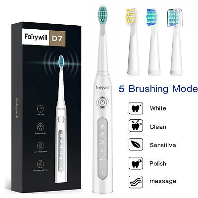 Fairywill Electric Toothbrush Whiten 5 Modes 2 Minutes Time 10 Brush Heads • $19.99