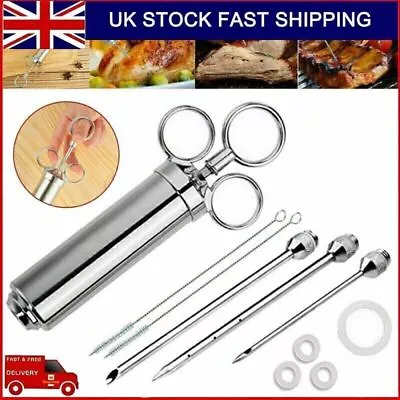 1 Set Stainless Steel Meat Injector Syringe W/ 3 Marinade Needle For BBQ Grill • £13.10