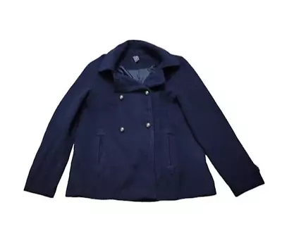 Zara Girl Kids Sz 13-14 Navy Blue Button Down Wool Blend Winter Pea Coat Jacket • $12.71