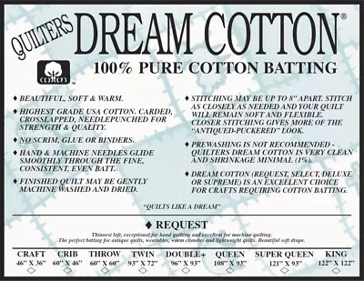 Quilter's Dream Cotton Batting White Request Loft 46  Sold By The Yard • $12.95