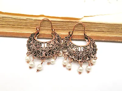 Copper Tone Filigree White Faux Pearl Middle Eastern Style Hoop Earrings BB19 • $14.44