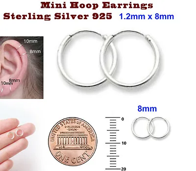 Continuous Mini Hoop Earrings 8mm 10mm 12mm 14mm 16mm Sterling Silver 925 Pair • $4.89