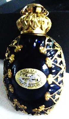 Antique Perfume Miniature Bottle Hand Made Blue Glass In Gold Open Work Bohemia  • $69.82