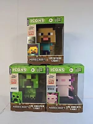 Lot Of 3 Minecraft ICONS Lights - Steve #001 Creeper #002 And Rare Axolotl #003 • £24.12