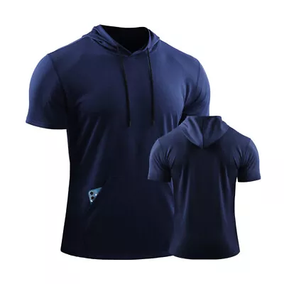 Mens Summer Short Sleeve Hooded Sport T Shirt Sportswear Tops Hoodie Fitness Tee • $15.19