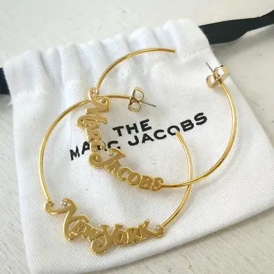 Marc Jacobs Logo Crystal Rhinestone Earrings Gold Tone Used From Japan • $89
