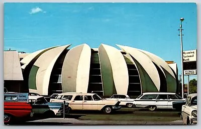 Casper WY Googie Architecture~National Bank~1959 Plymouth Suburban Parking Lot • $9