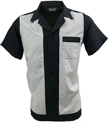 £29.99 • Buy Mens Shirt Vintage Short-Sleeve Cotton Button-Down Bowling 50s 60s Black White