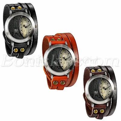 Mens Women Retro Leather Strap Tower Pattern Quartz Wrist Watch Cool Bangle Cuff • $9.99