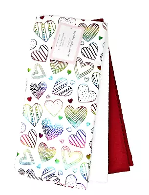 Kitchen Towels Set Of 3 Dish Hand Multicolor Metallic Hearts Solid Red White • $21