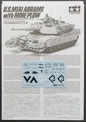 Tamiya 1/35th Scale M1A1 Abrams W/Mine Plow - Decals From Kit No. 35158 • $5.99