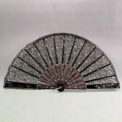 Vintage Lace Silk Folding Hand Fan Floral Black Gold Pink Flowers • $19.99