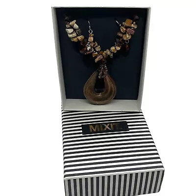 Mix It Necklace Earring Set Glass Stone Bronze Black Pendant Dual Strand In Box • $17.97