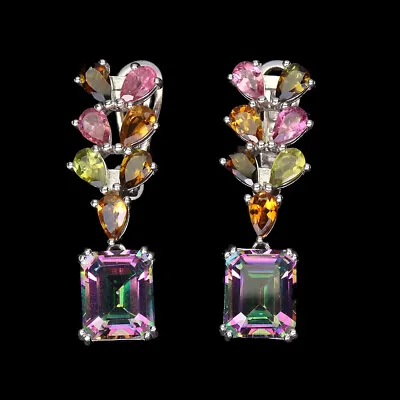 Coated Octagon Mystic Quartz 10x8mm Tourmaline 925 Sterling Silver Earrings • $69.50