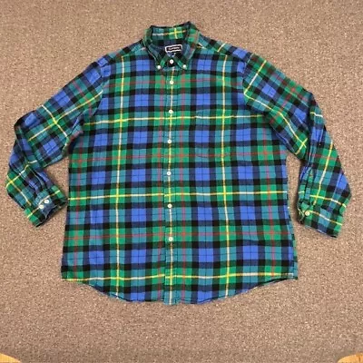 Club Room Flannel Shirt Mens Size 2XL Long Sleeve Button Down Blue Green Plaid • $12