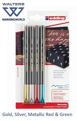 Edding 1200 Metallic Felt Tip Colouring Pens | Gold Silver Red & Green | Pack4 • £8.60