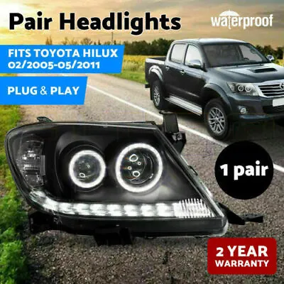 $349 • Buy Headlights PAIR Black DRL HALO Projector Angel Eyes Fits Toyota HILUX 2005-2011