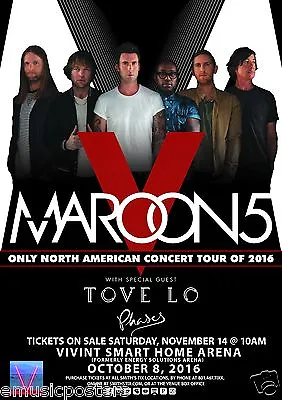 MAROON 5 / TOVE LO  V WORLD TOUR 2016  SALT LAKE CITY CONCERT POSTER-Adam Levine • $14.51