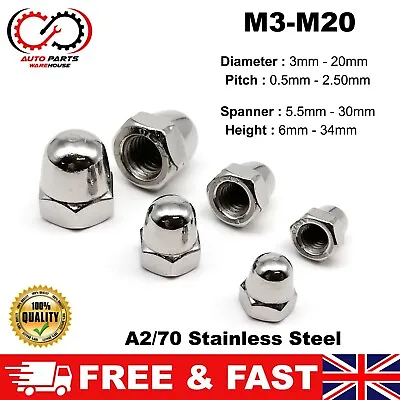 M3 M4 M5 M6 M8 M10 M12 M14 M20 A2 Stainless Steel Dome Nuts Hex Domed Nuts • £115.99